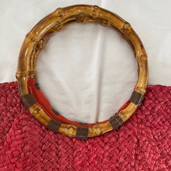 Vintage Large Red Woven Wicker Bamboo Handle Beach Bag Handbag Purse - Picture 3 of 15
